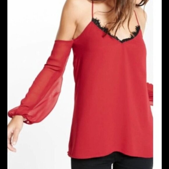 Red Cold Shoulder Black Lace Trim Chiffon Sleeve Express Top Medium - Picture 1 of 9